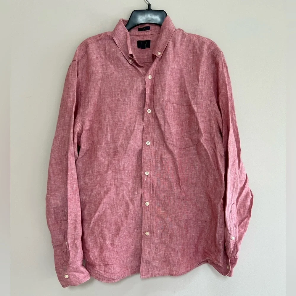 J. CREW Men's 100% Linen Slim Cut Button-Up Long Sleeve Shirt Pink Red, Medium